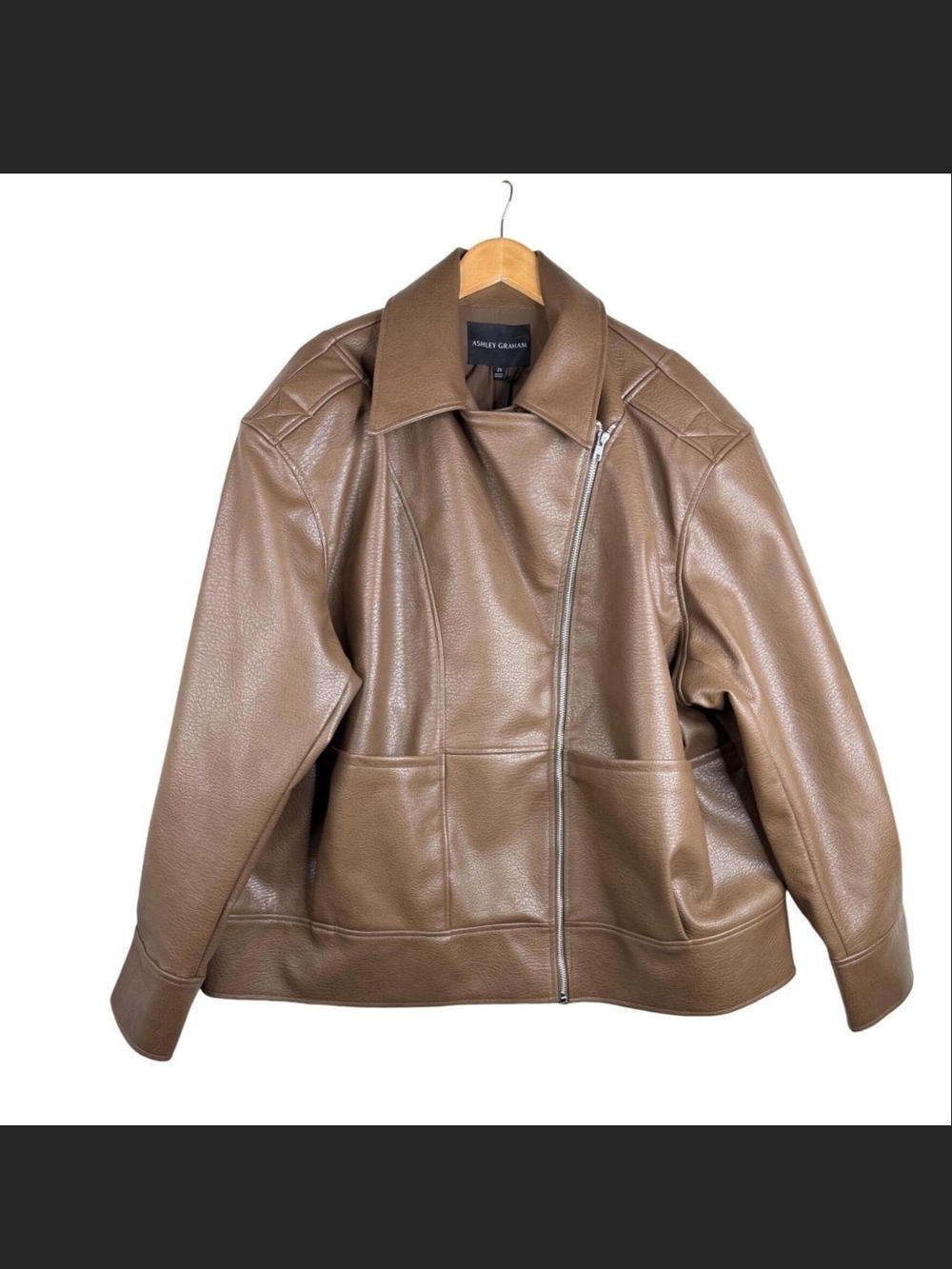 Ashley Graham Taupe Brown Leather Zip-Front Moto Jacket Size 32w
